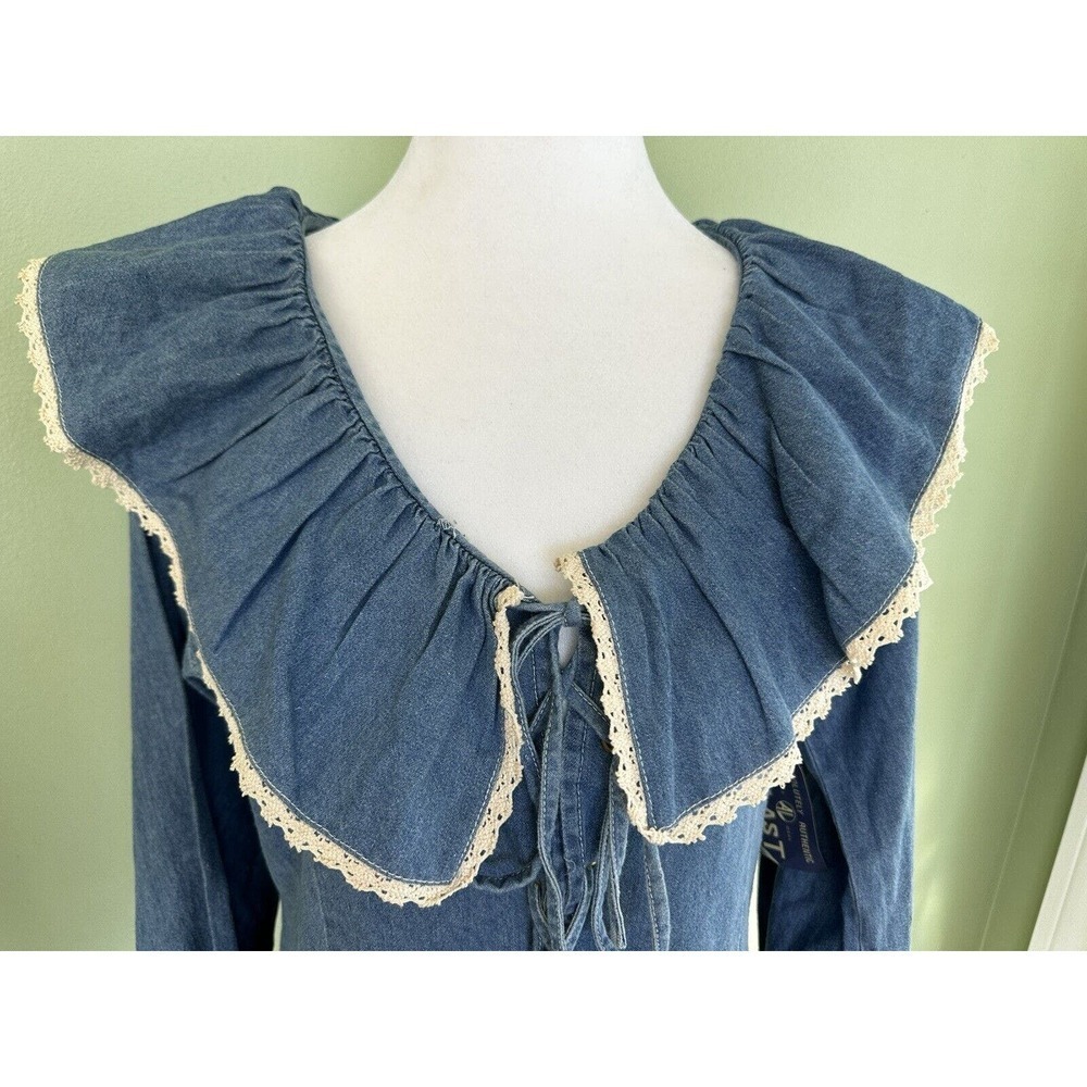 Vtg Denim Shirt Big Lace Collar Cottagecore Cowgirl Granola Girl Lace Up Sz L M‍ - Picture 2 of 10